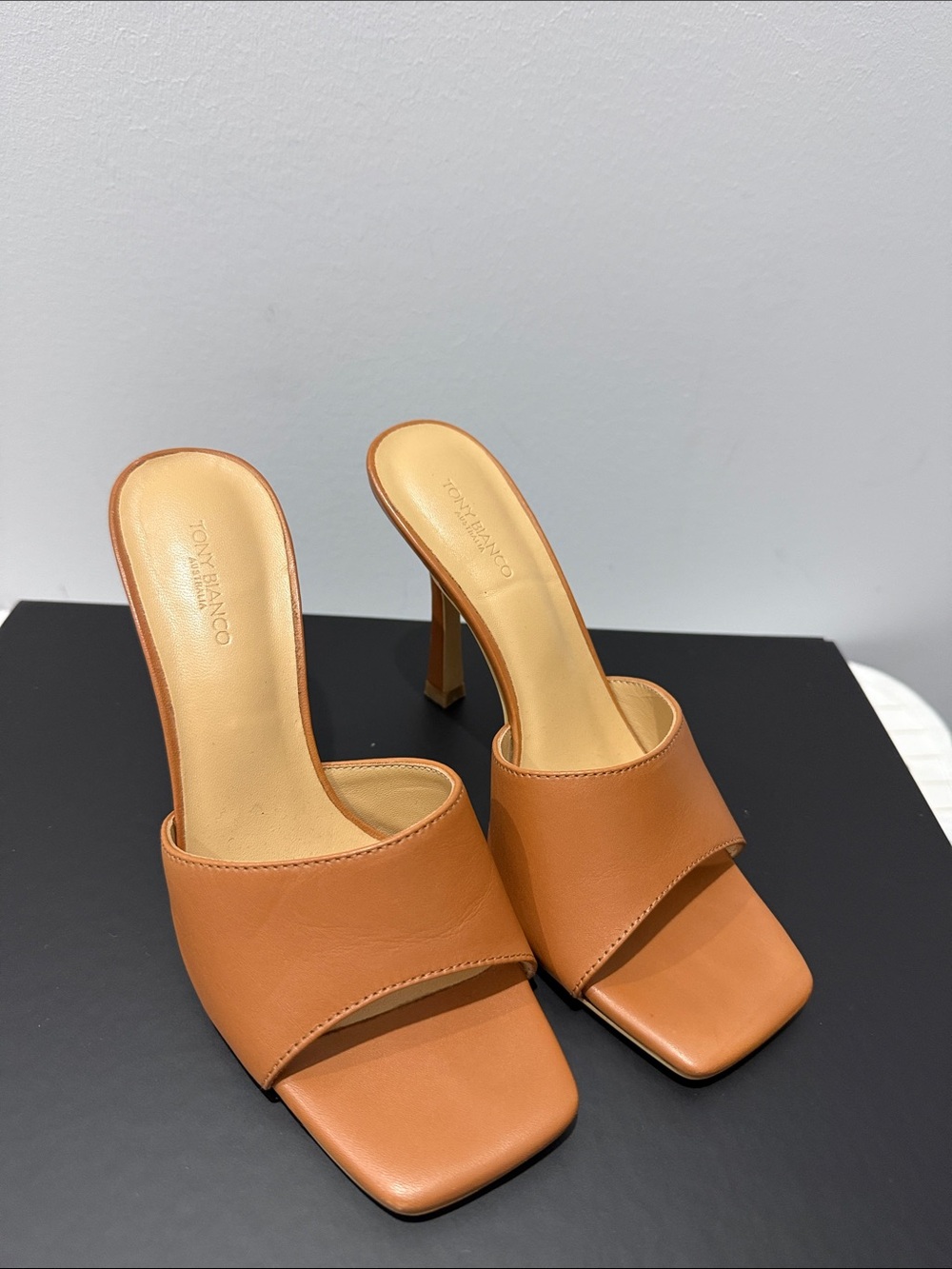 Tony Bianco Cognac Leather Square-Toe Mule Heels